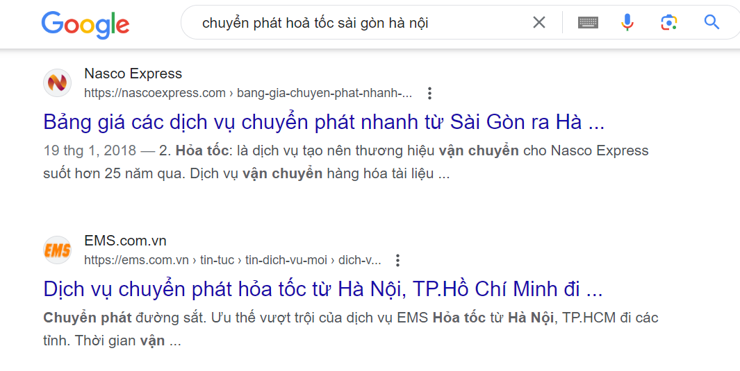 Từ khóa “chuyển phát hỏa tốc sài gòn hà hội” đạt top 1 trên GG