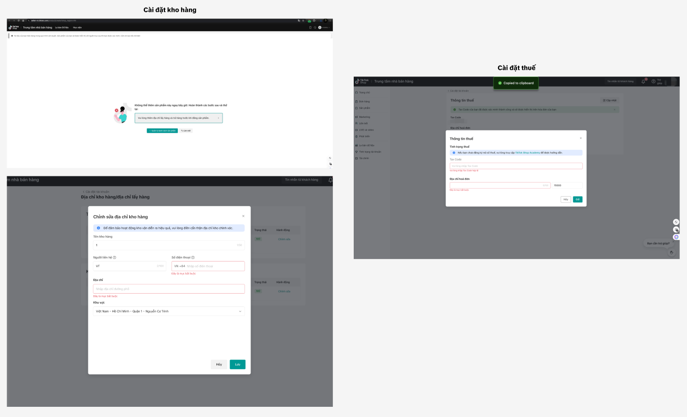 Thiết lập thông tin kho và thuế để xây dựng kênh TikTok bán hàng